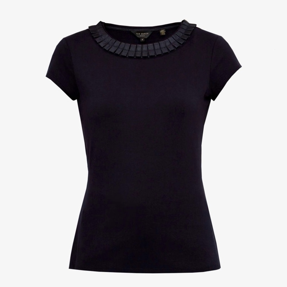 💙 Ted Baker SILLIA Frill Neck Fitted T-Shirt in Navy 💙